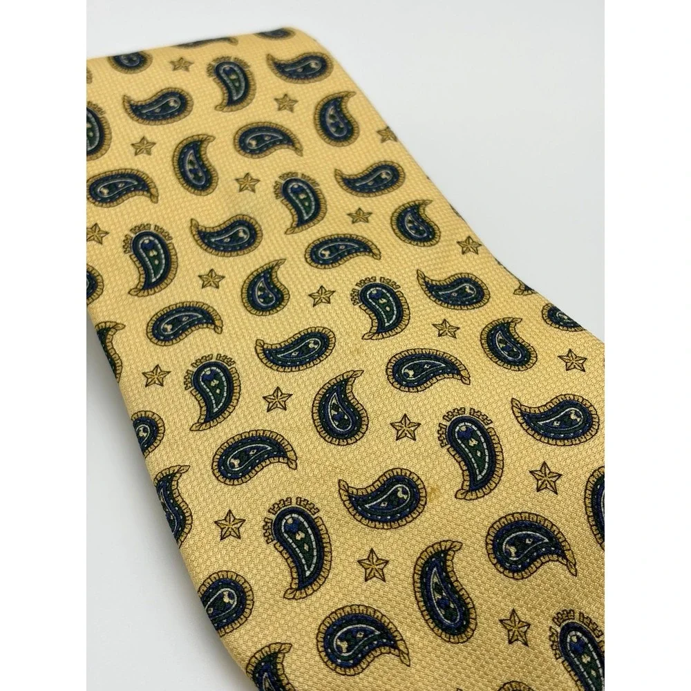 Tommy Hilfiger, Yellow 100% Silk Necktie, Blue/Green Paisley & Star Pattern